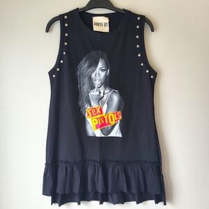 ANIYE BY Black Graphic Sex Pistol Long Frilled Tank Top
